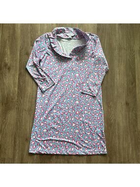 La Mer Luxe Leopard Dress Blue & Pink Size Small Ruffle Collar‎ V-Neck